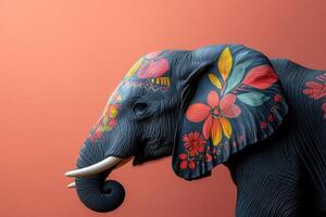 Colorful Painted Elephant Against Coral Background - Vibrant Artistic Animal Portrait with Floral Patterns photo