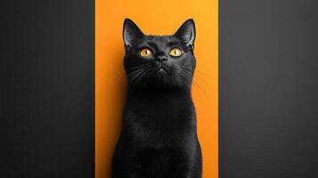 Elegant Black Cat with Bright Orange Eyes Against a Bold Orange and Black Background photo