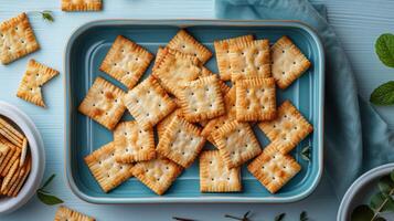 Delicious Golden Crackers in a Blue Tray with Fresh Herbs and a Light Blue Background photo