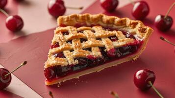 Delicious Slice of Cherry Pie with Fresh Cherries on a Red Background photo