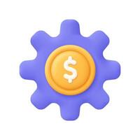 Coin with gear or cogwheel. Payment process, currency setting, money management concept. 3d icon. Cartoon minimal style. vector