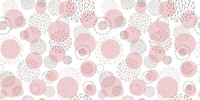 Abstract geometric seamless pattern, pink color. Shapes, strokes, spots, circles. Balls of thread. Hobbies, handicrafts. Simple texture. Repeating background for wallpaper, packaging, textiles. vector