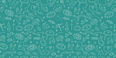 Seamless background, pattern. Arrows, heart, hand drawn elements, doodle. Icons, signs, stars. Speech bubble, cloud. vector