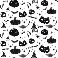 Cute Halloween Seamless Pattern Black Cat and Skull Doodle Drawing on White Background vector