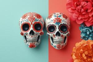 Colorful Day of the Dead Sugar Skulls with Vibrant Flowers on Split Background photo