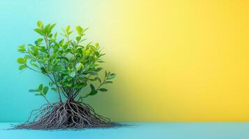 Vibrant Green Plant with Exposed Roots on Colorful Gradient Background - Nature and Growth Concept photo