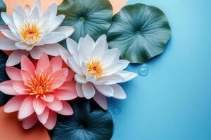 Beautiful Water Lilies and Lotus Leaves on a Colorful Background - Nature, Floral, Botanical, Tranquil, Zen photo