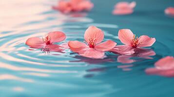 Beautiful Pink Cherry Blossoms Floating on Tranquil Blue Water Surface in Spring photo