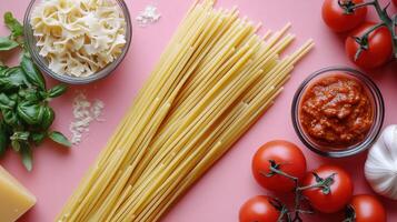Fresh Ingredients for Italian Pasta Dish with Spaghetti, Tomatoes, Basil, and Sauce on Pink Background photo