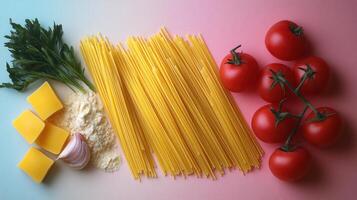 Fresh Ingredients for Italian Pasta Dish with Spaghetti, Tomatoes, Cheese, Garlic, and Parsley on Gradient Background photo