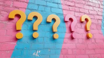 Colorful Question Marks on Vibrant Brick Wall Background with Blue and Pink Paint photo
