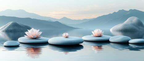 Serene Zen Landscape with Tranquil Water, Floating Lotus Flowers, and Misty Mountains in the Background photo