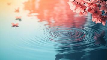 Tranquil Water Ripples with Cherry Blossoms and Butterflies at Sunset photo