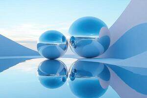 Futuristic Abstract Spheres Reflecting in Water with Minimalist Blue Sky Background photo