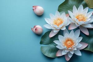 Elegant White and Pink Lotus Flowers with Green Leaves on a Light Blue Background photo