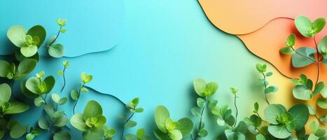 Vibrant Abstract Background with Green Foliage and Colorful Gradient Paper Cut Layers photo