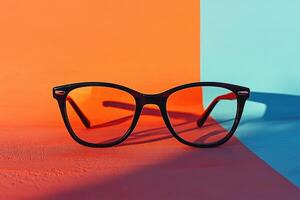 Stylish Black Eyeglasses on Vibrant Orange and Blue Background with Modern Minimalist Design photo