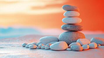 Tranquil Sunset Beach with Balanced Stone Stack and Soft Orange Sky photo