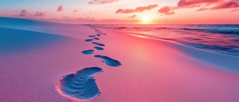 Footprints in the Sand Leading to a Stunning Sunset Over the Ocean with Vibrant Colors and Dramatic Clouds photo