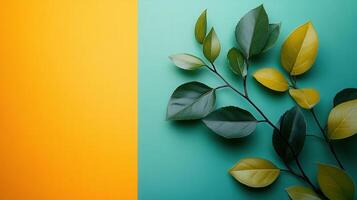 Vibrant Green Leaves on Colorful Yellow and Teal Background - Nature and Botanical Concept photo