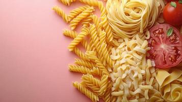 Assorted Uncooked Pasta with Fresh Tomato on Pink Background - Fusilli, Tagliatelle, and Pappardelle photo