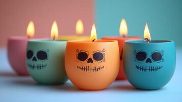 Colorful Skull Candles Lit in a Row Against a Pastel Background for Halloween or Day of the Dead Celebrations photo