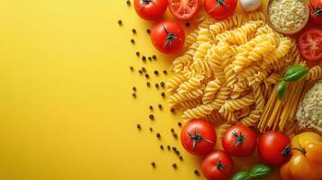 Colorful Italian Cuisine Ingredients with Fusilli Pasta, Fresh Tomatoes, and Basil on Yellow Background photo