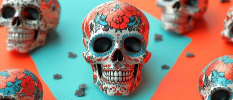 Colorful Day of the Dead Sugar Skulls on Vibrant Background with Floral Decorations photo