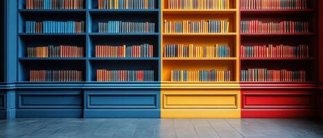 Colorful Modern Library with Blue, Yellow, and Red Bookshelves in a Contemporary Setting photo