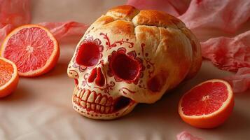 Decorative Bread Skull with Grapefruits - Unique Artistic Food Arrangement for Day of the Dead Celebration photo