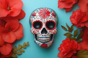 Colorful Day of the Dead Sugar Skull with Red Flowers on a Light Blue Background photo