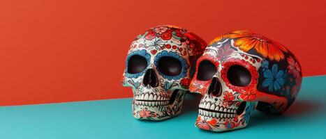 Colorful Day of the Dead Skulls with Floral Patterns on Vibrant Background photo