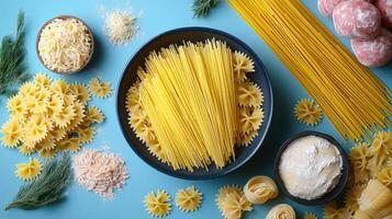 Assorted Uncooked Pasta Varieties with Ingredients on a Blue Background photo