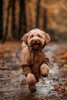 happy labradoodle dog dressed in a rain suit running along the path in the park in autumn Walking dog photo