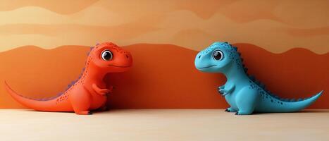 Colorful Cartoon Dinosaurs Facing Each Other in a Playful Desert Background photo