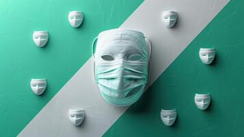 Conceptual Image of Face Masks and White Masks on Green and White Background Representing Health and Safety photo