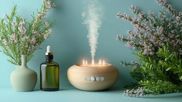 Aromatherapy Setup with Essential Oils, Diffuser, and Fresh Herbs on a Light Blue Background photo