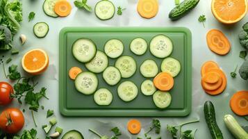 Freshly Sliced Cucumbers and Carrots on Green Cutting Board with Assorted Vegetables on Light Background photo