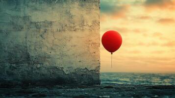 Solitary Red Balloon Floating by a Weathered Wall at Sunset Near the Ocean photo