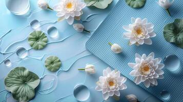 Elegant White Lotus Flowers on Blue Background with Water Droplets and Green Leaves - Serene and Tranquil Composition photo