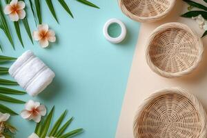 Spa and Wellness Background with Wicker Baskets, Towels, Flowers, and Palm Leaves on a Pastel Blue and Beige Surface photo