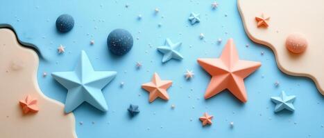 Abstract Geometric Background with 3D Stars and Spheres in Pastel Colors on Blue and Beige Backdrop photo
