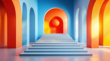 Vibrant Modern Interior with Colorful Arches and Staircase in Contemporary Architectural Design photo
