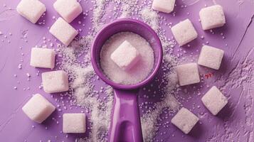 Purple Measuring Cup with Sugar Cubes and Granulated Sugar on a Purple Background photo