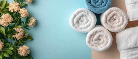 Rolled Towels and Flowers on a Pastel Background - Spa and Relaxation Concept with Soft Textiles and Floral Decor photo