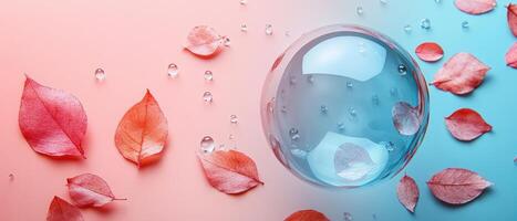 Delicate Transparent Bubble Surrounded by Pink Leaves on a Gradient Blue and Pink Background photo