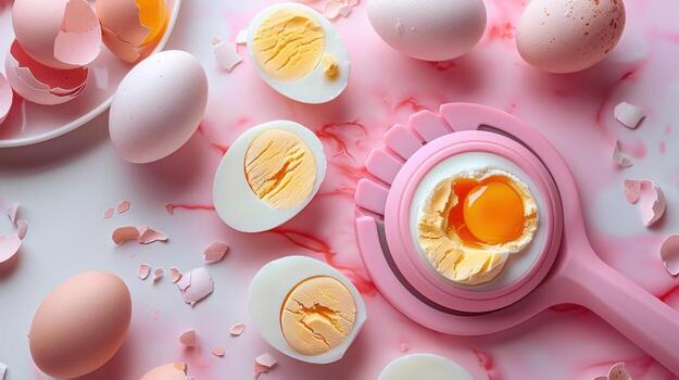 Colorful Arrangement of Hard-Boiled Eggs and Eggshells on a Pink Background photo