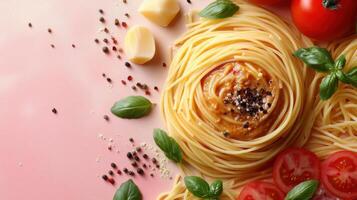 Fresh Italian Spaghetti with Tomato Sauce, Basil, and Parmesan Cheese on a Pink Background photo
