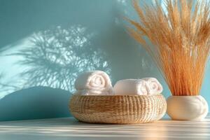 Cozy Spa Setting with Rolled Towels in Wicker Basket and Dried Pampas Grass Against Light Blue Wall photo