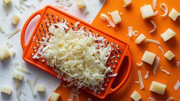 Freshly Grated Cheese on Bright Orange Grater with Cheese Cubes Scattered on White and Orange Background photo